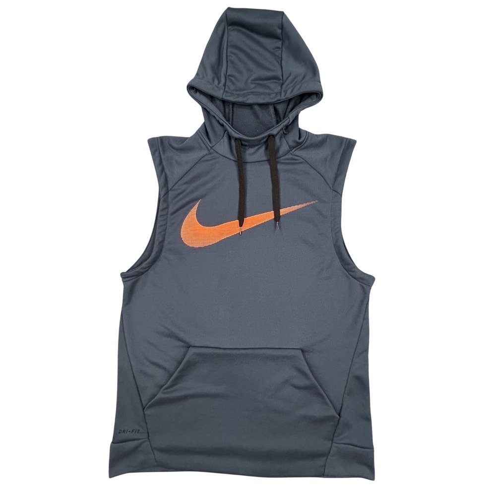 Nike Dri-FIT Sleeveless Hoodie Men M Navy Blue Orange Swoosh Pullover Sweatshirt